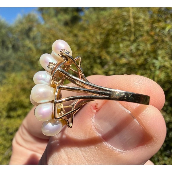 Vintage 14k Solid Yellow Gold Real Pearl & Natural Diamond Ring - Luster Cluster - Picture 5 of 12